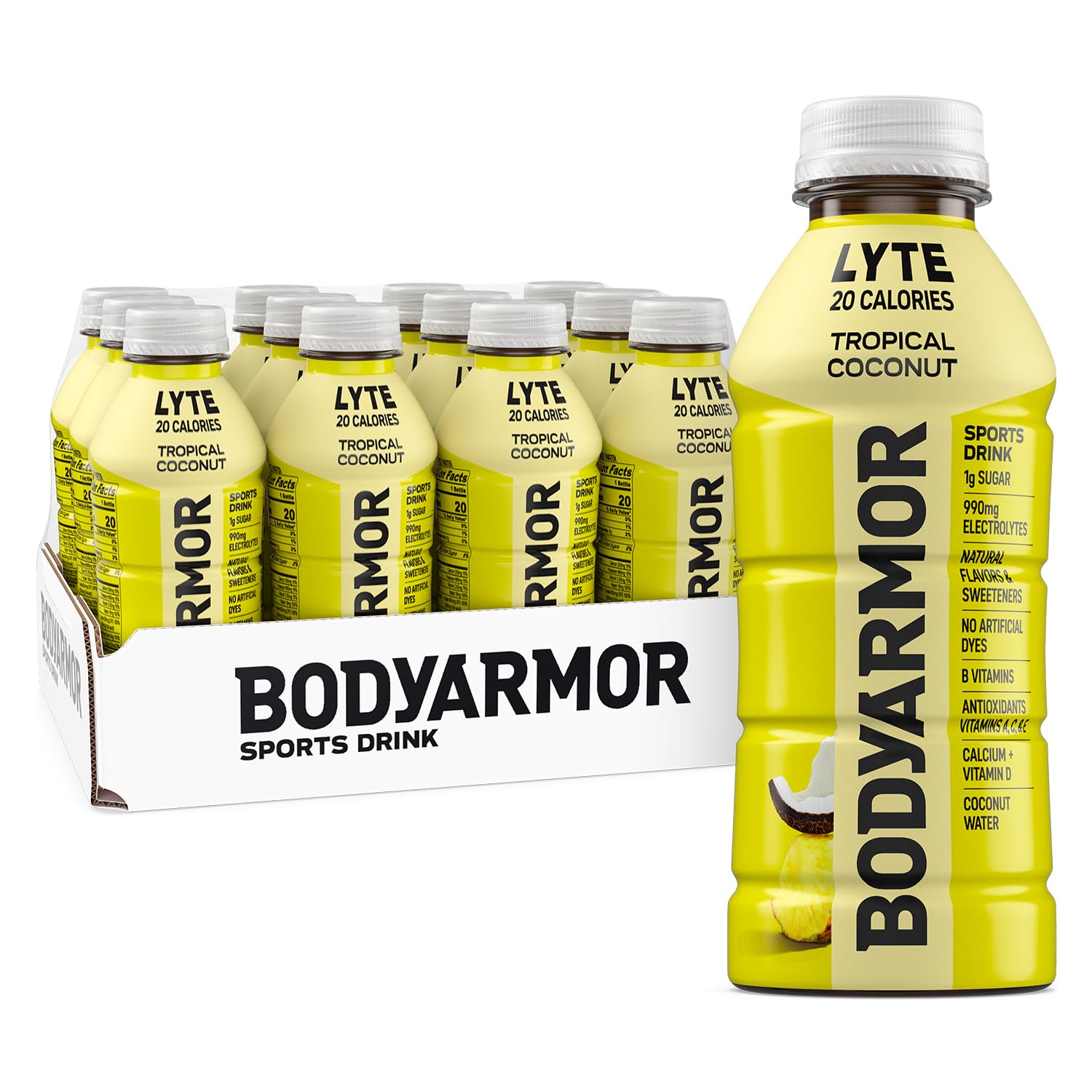 BODYARMOR LYTE, Tropical Coconut, Electrolyte Drink, 20 Calories, 16 Fl Oz Bottles (12 Pack), Coconut Water Sports Drink, Natural Flavor & B Vitamins