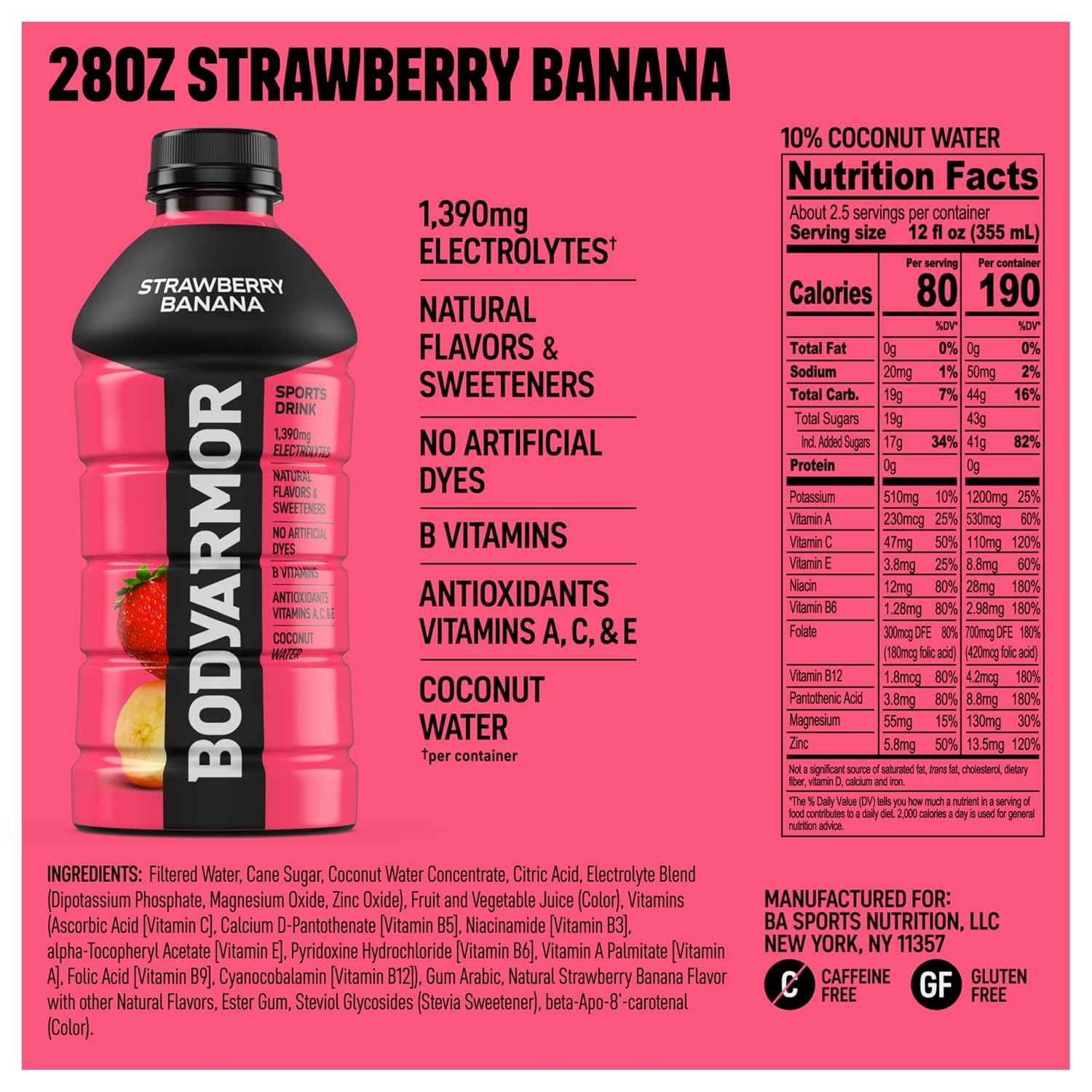 BODYARMOR Sports Drink, Strawberry Banana Electrolyte Drink, 28 Oz (15 Pk)