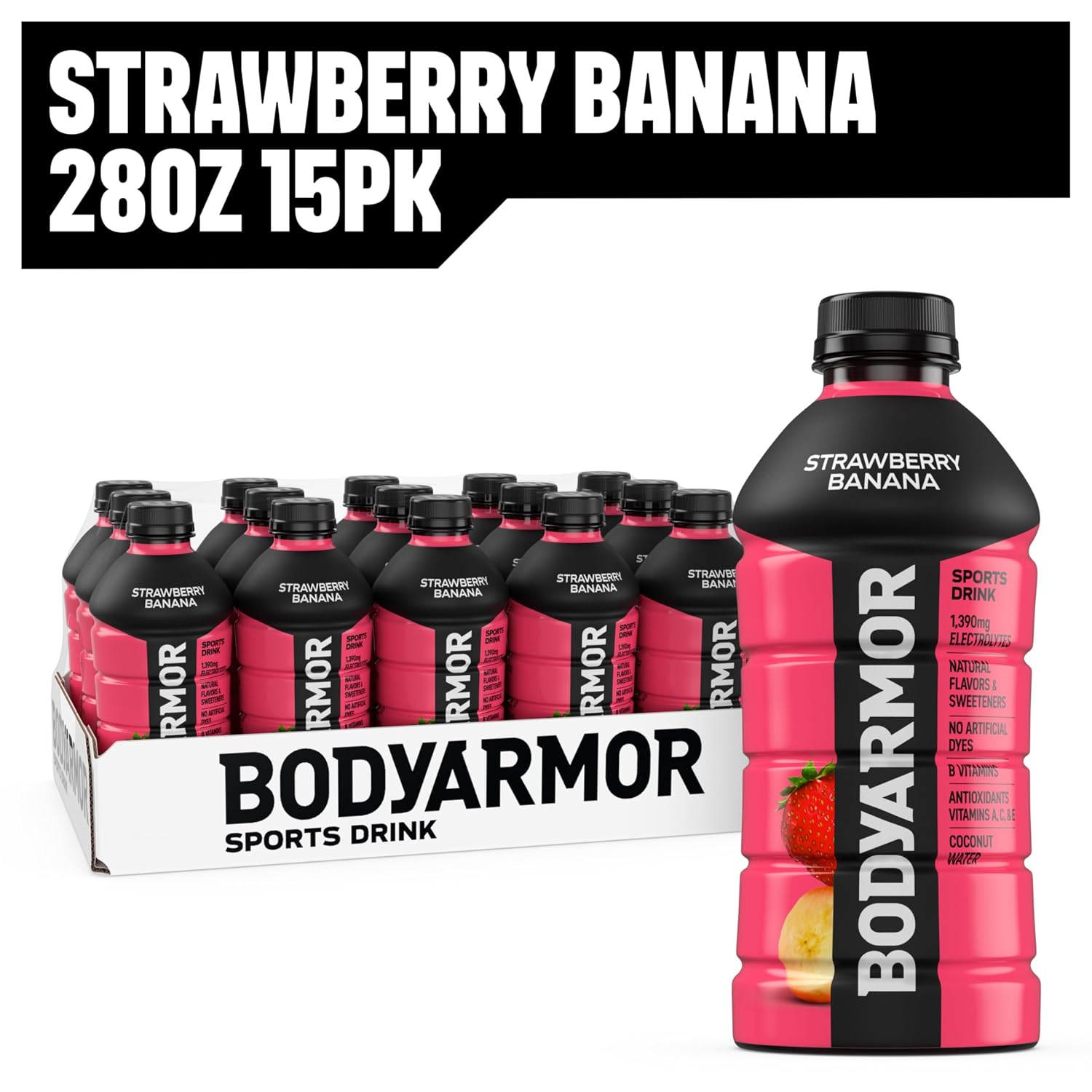 BODYARMOR Sports Drink, Strawberry Banana Electrolyte Drink, 28 Oz (15 Pk)