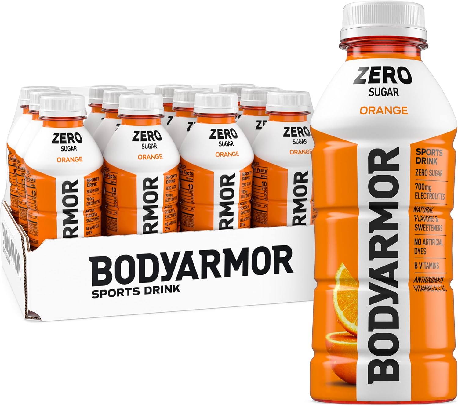 BODYARMOR ZERO Sugar Orange Electrolyte Drink, Natural Flavors, 16 Fl Oz Bottles (12 Pack), B Vitamins & Antioxidants Sugar Free Hydration