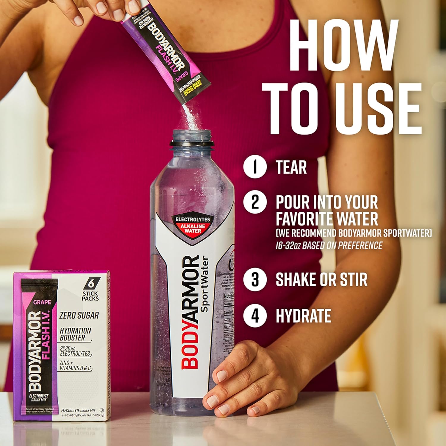 BODYARMOR Flash IV Zero Sugar Electrolyte Mix, Grape, 6 Ct