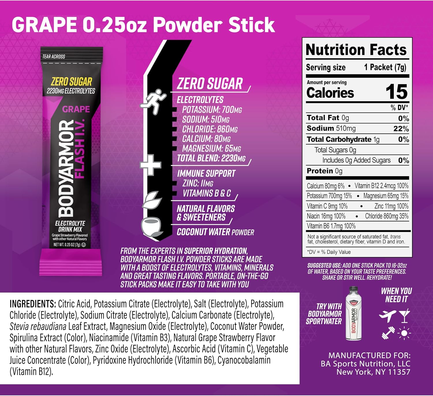 BODYARMOR Flash IV Zero Sugar Electrolyte Mix, Grape, 6 Ct