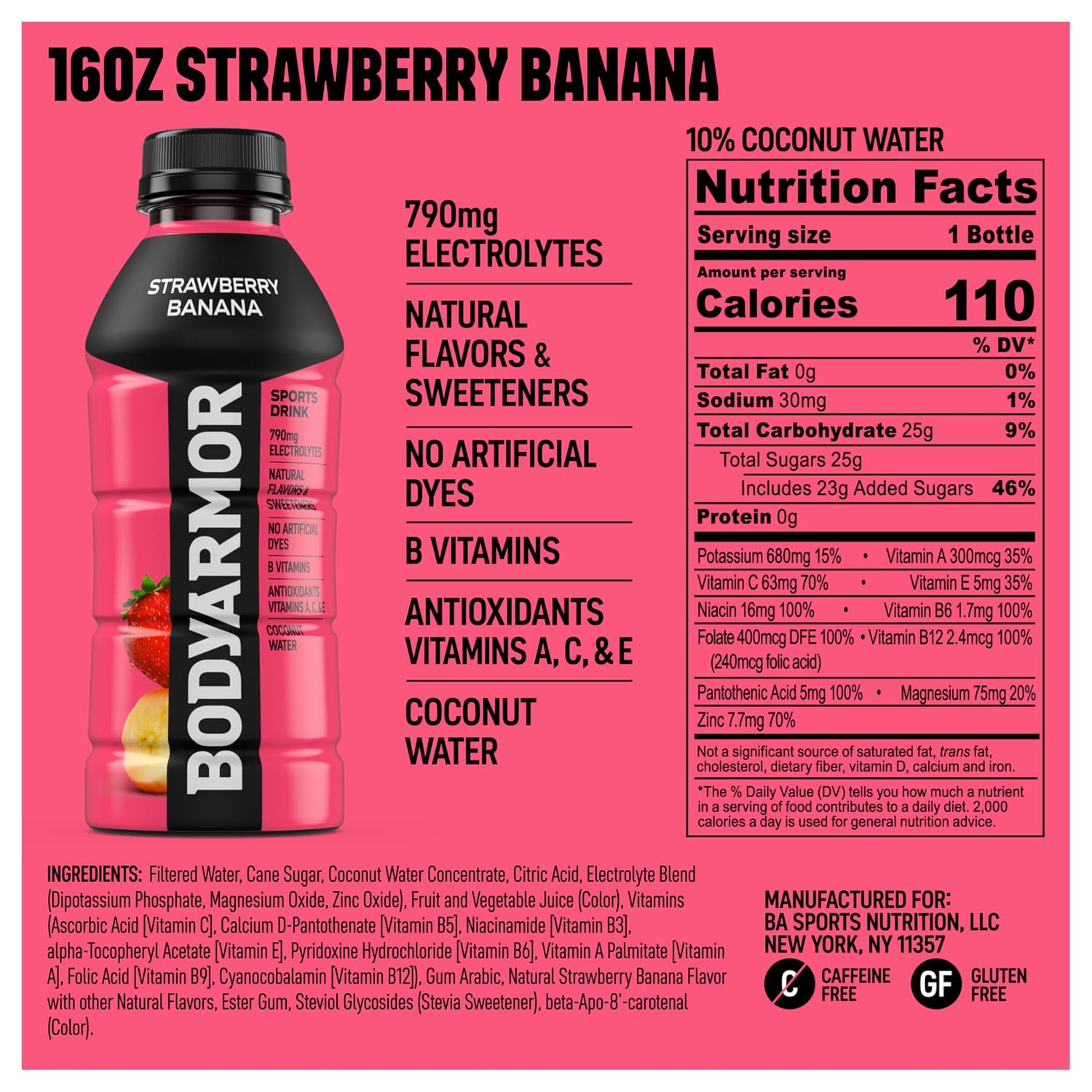 BODYARMOR Sports Drink, Strawberry Banana Electrolyte Drink, 16 Oz (6 Pk)