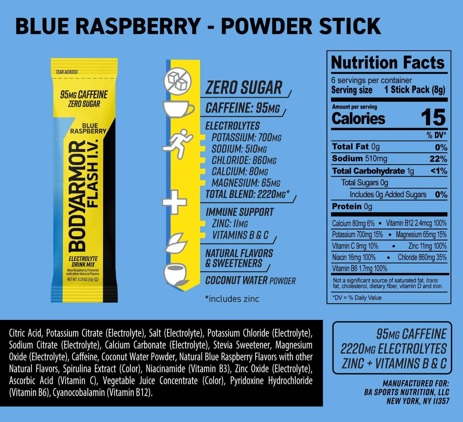 BODYARMOR Flash IV Caffeine + Zero Sugar Electrolyte Mix, Raspberry, 6 Ct