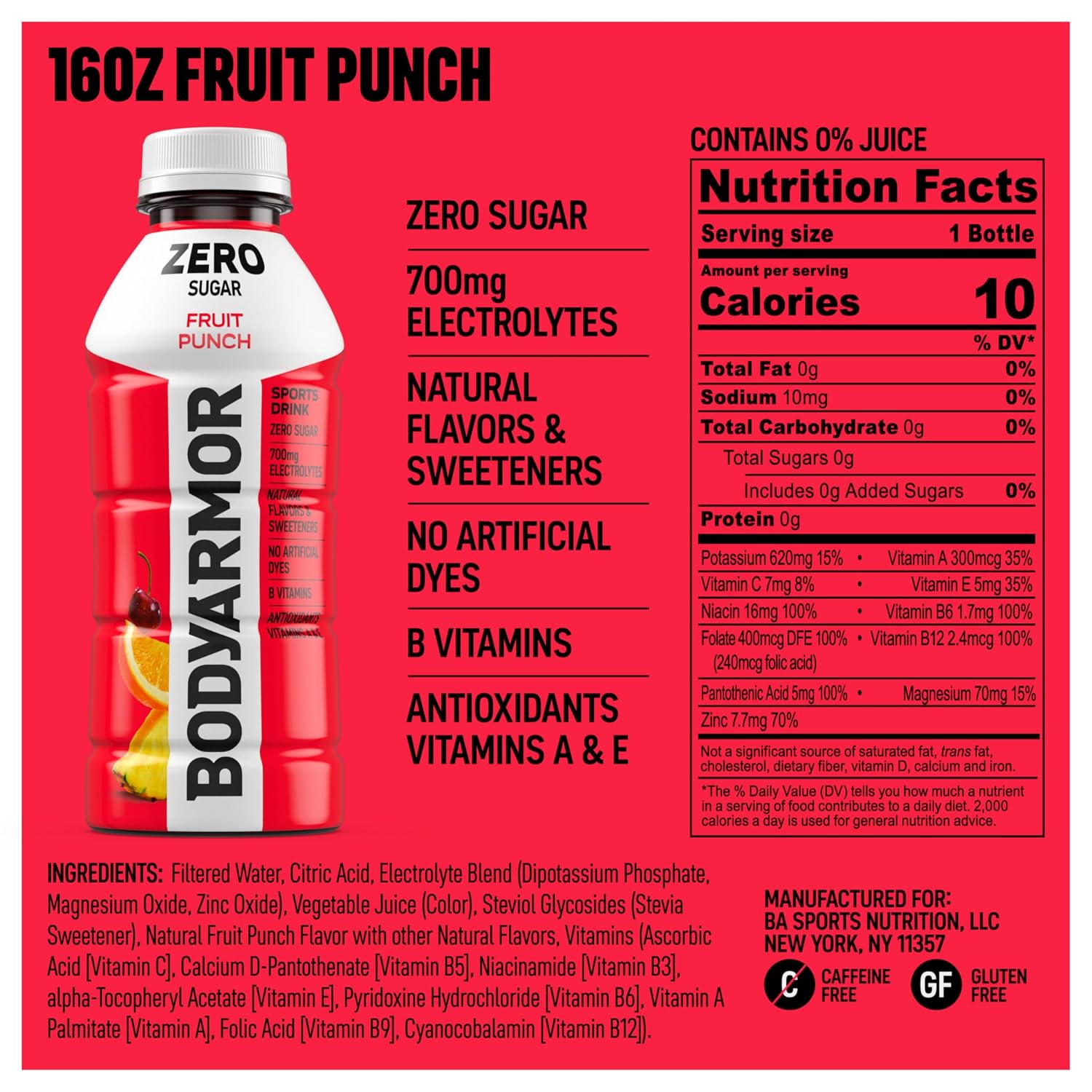 BODYARMOR ZERO Sugar Electrolyte Drink, Fruit Punch, 16 Oz (12 Pk)