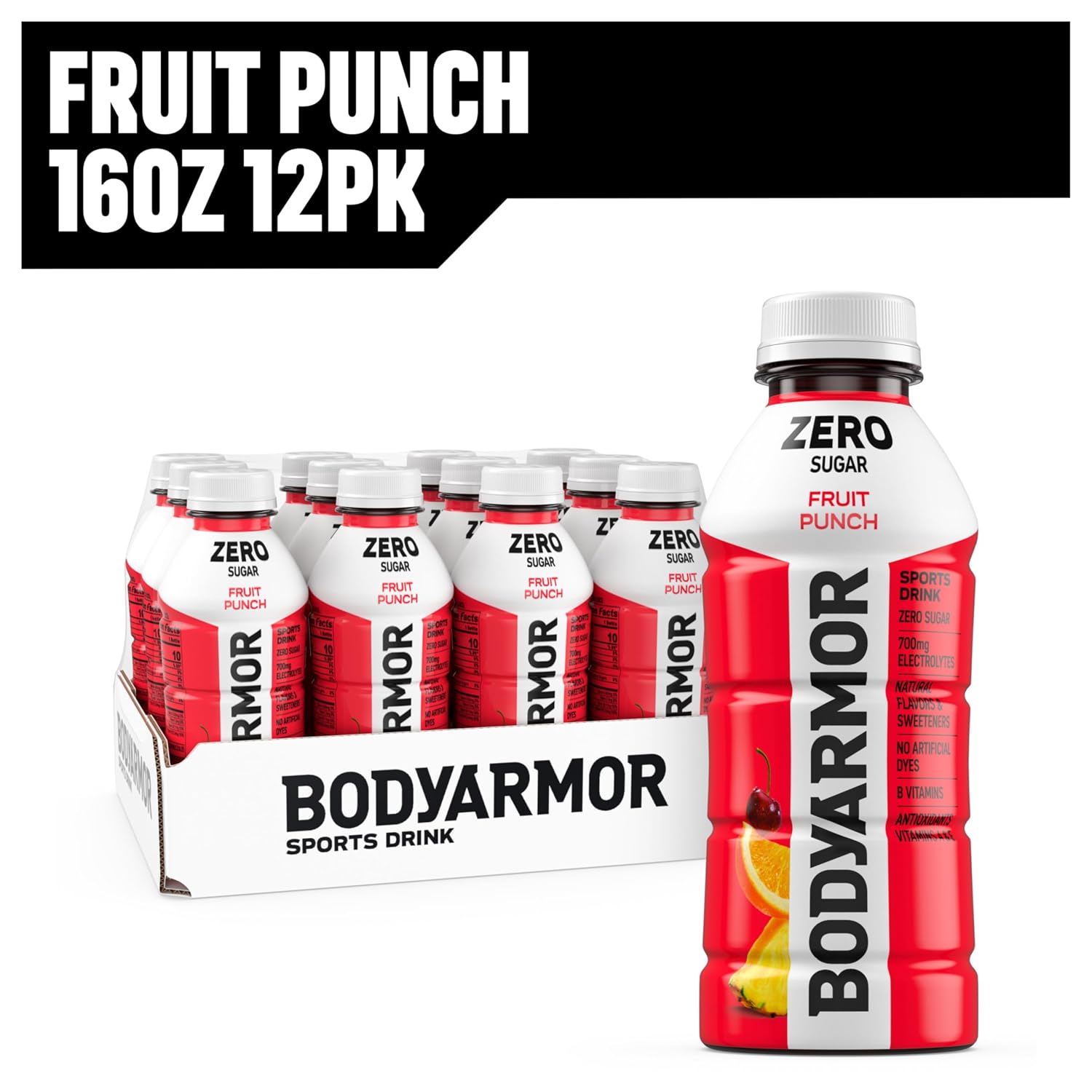 BODYARMOR ZERO Sugar Electrolyte Drink, Fruit Punch, 16 Oz (12 Pk)