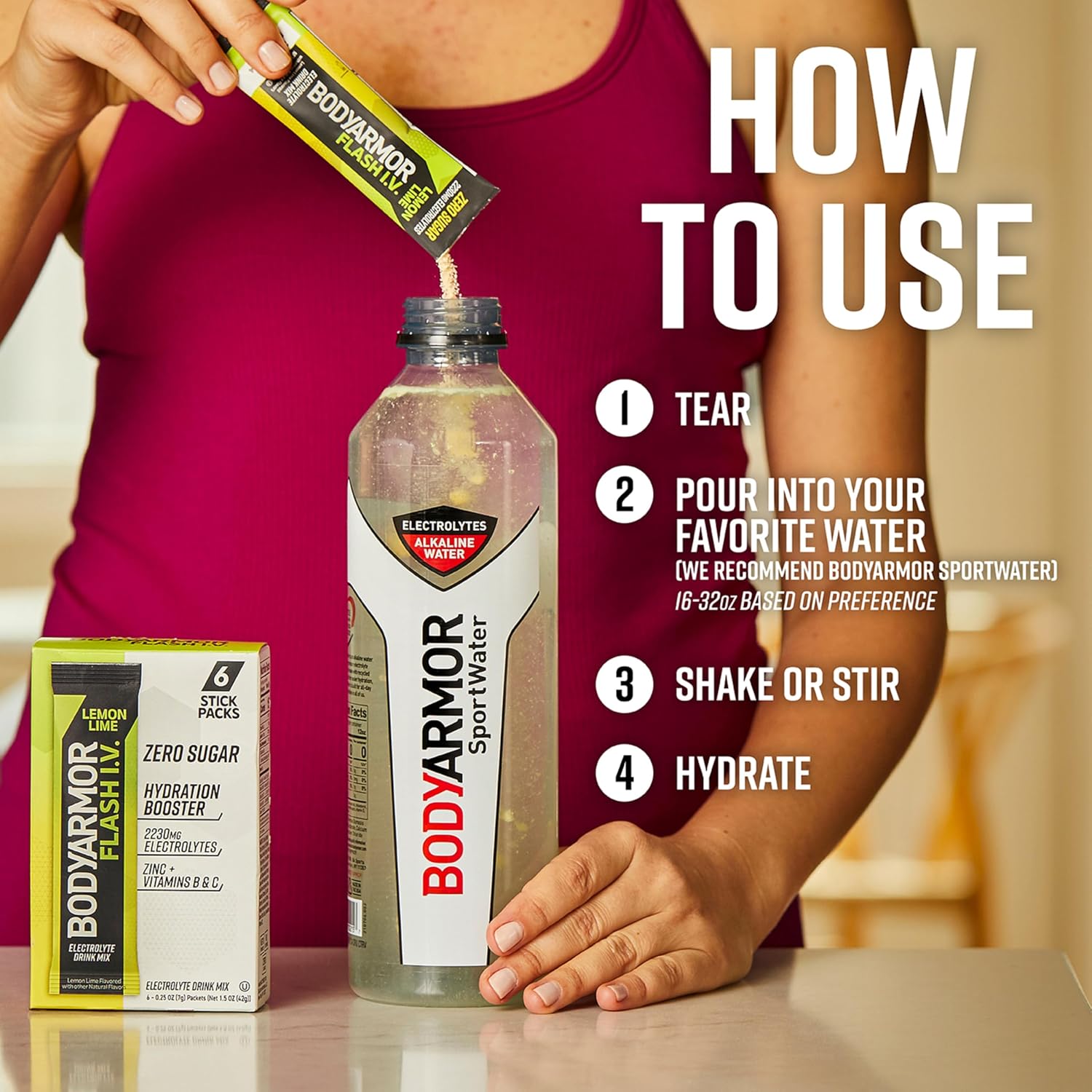 BODYARMOR Flash IV Zero Sugar Electrolyte Mix, Lemon Lime, 15 Ct