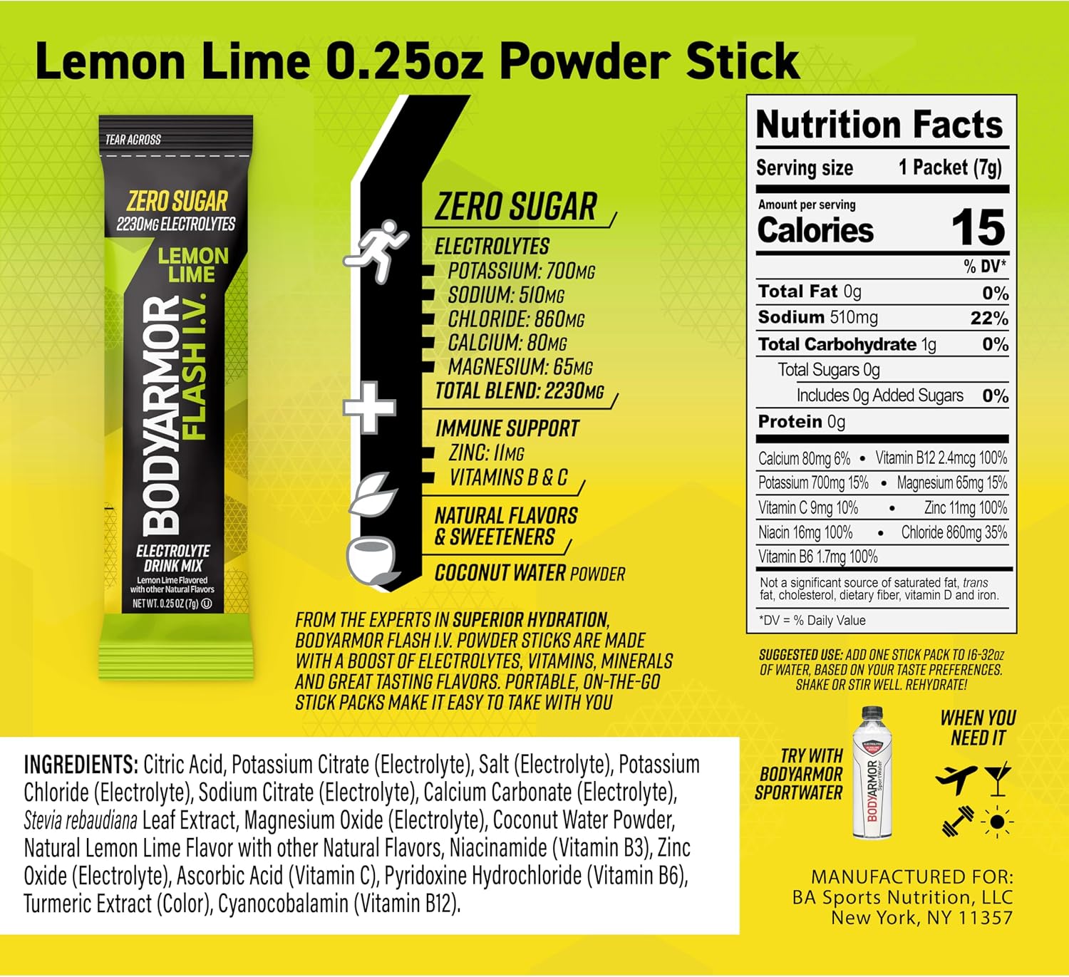 BODYARMOR Flash IV Zero Sugar Electrolyte Mix, Lemon Lime, 15 Ct