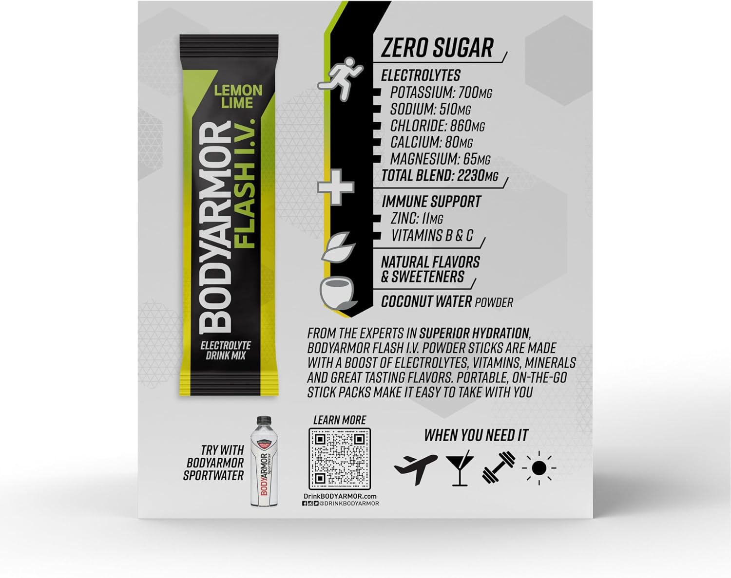 BODYARMOR Flash IV Zero Sugar Electrolyte Mix, Lemon Lime, 15 Ct