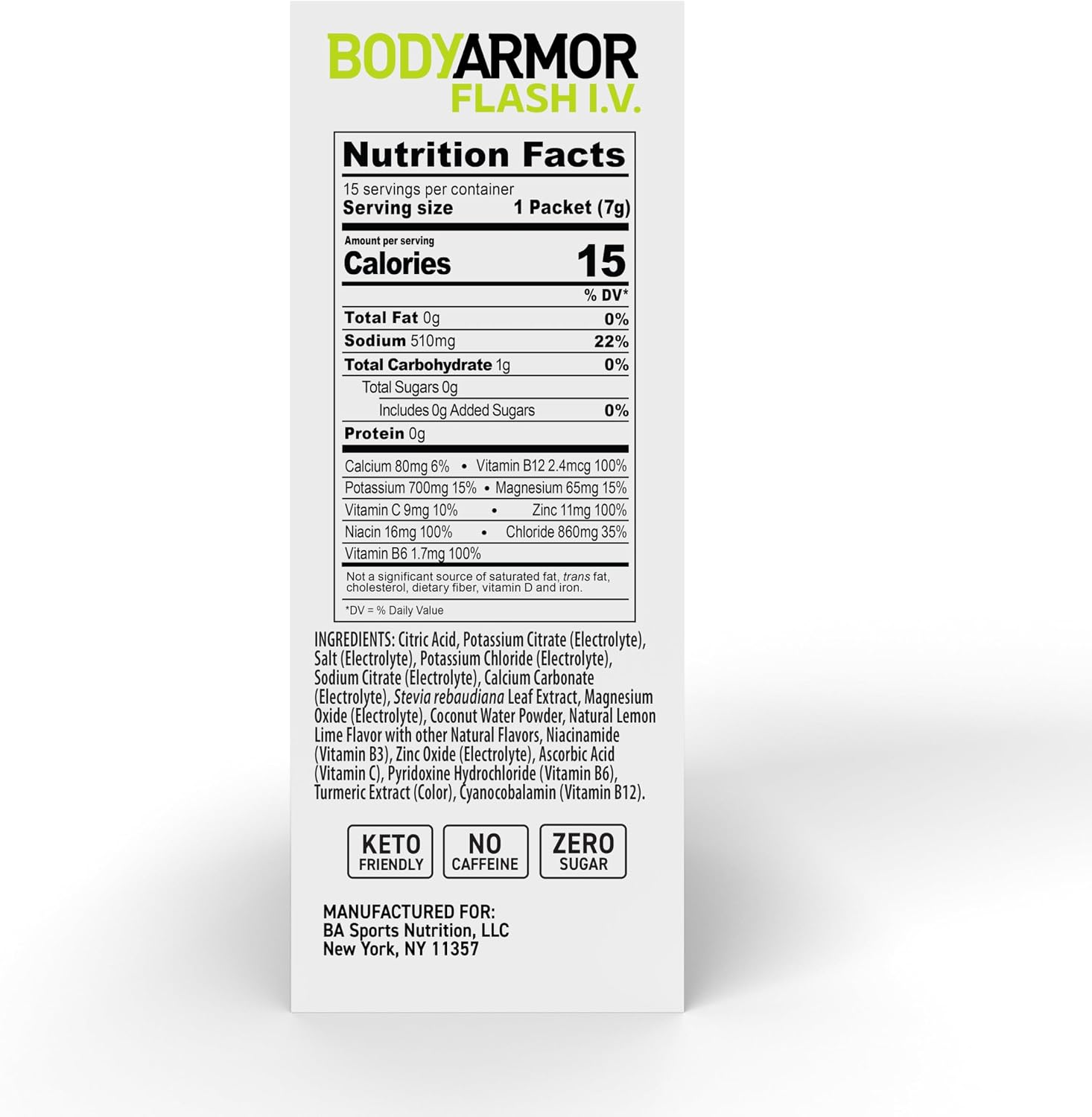 BODYARMOR Flash IV Zero Sugar Electrolyte Mix, Lemon Lime, 15 Ct