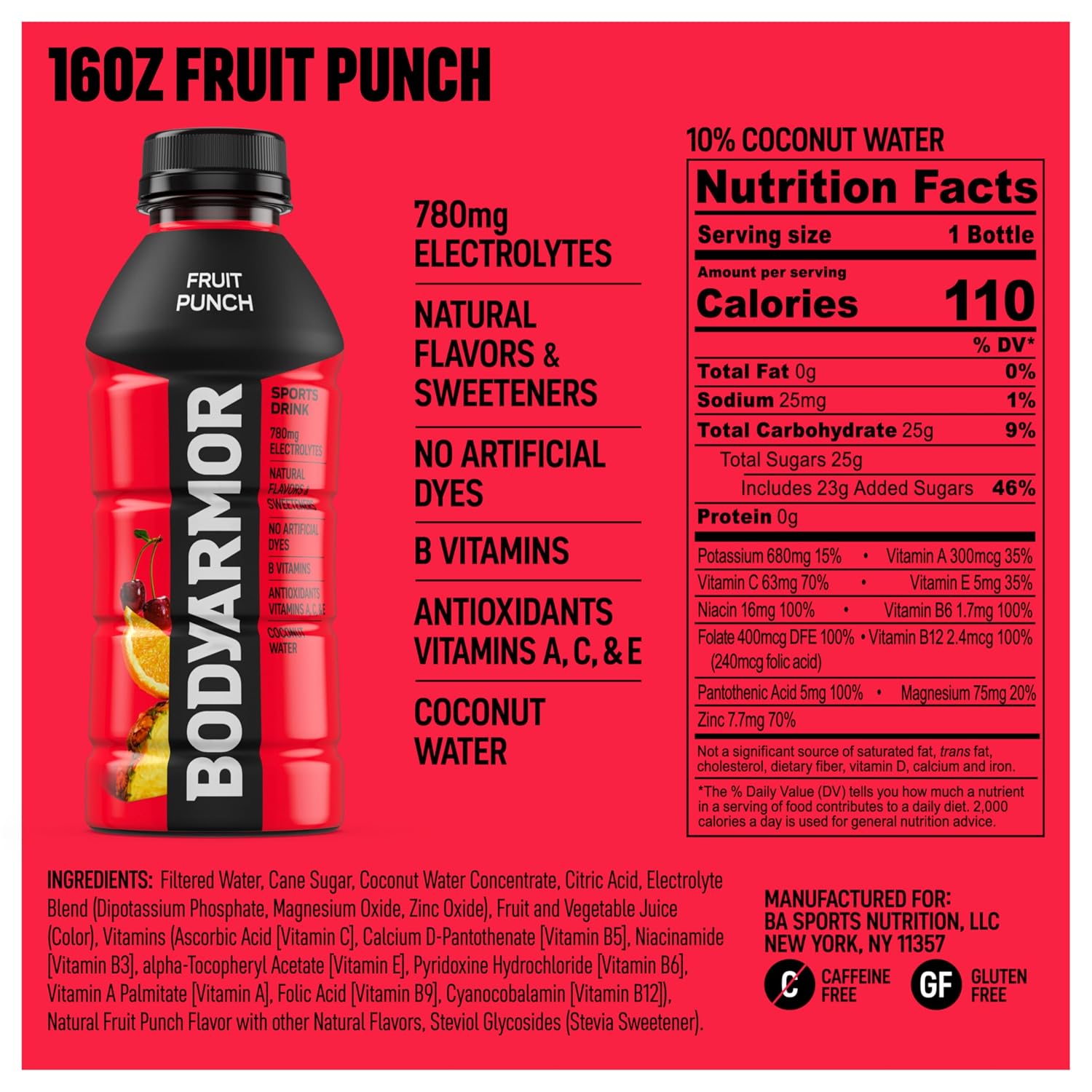 BODYARMOR Sports Drink, Fruit Punch Electrolyte Drink, 16 Oz (12 Pk)