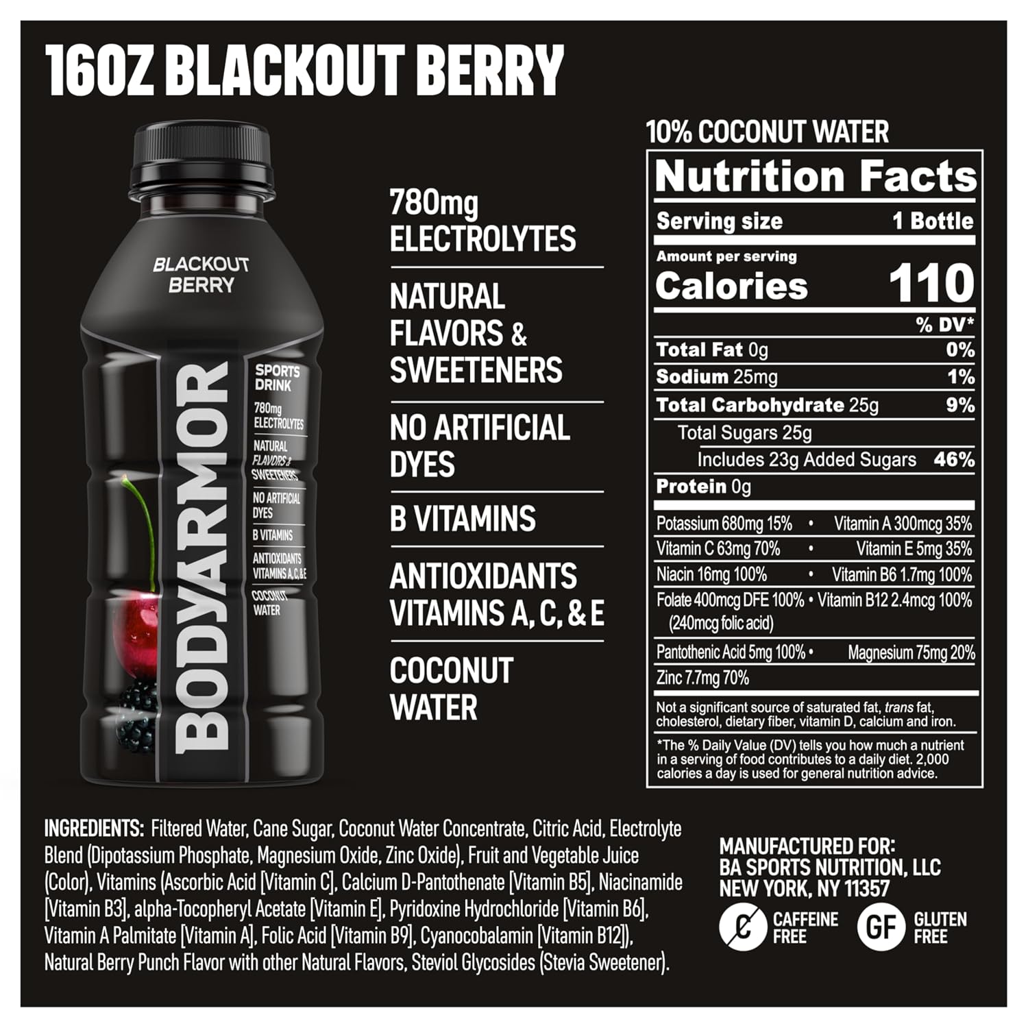 BODYARMOR Sports Drink, Blackout Berry Electrolyte Drink, 16 Oz (12 Pk)