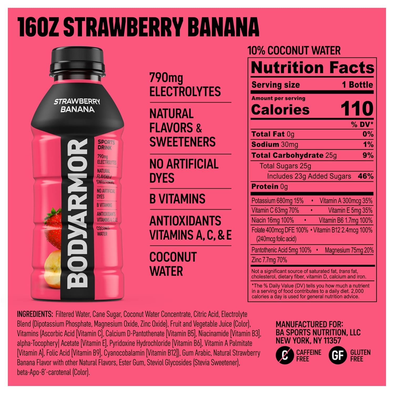 BODYARMOR Sports Drink, Strawberry Banana Electrolyte Drink, 16 Oz (12 Pk)