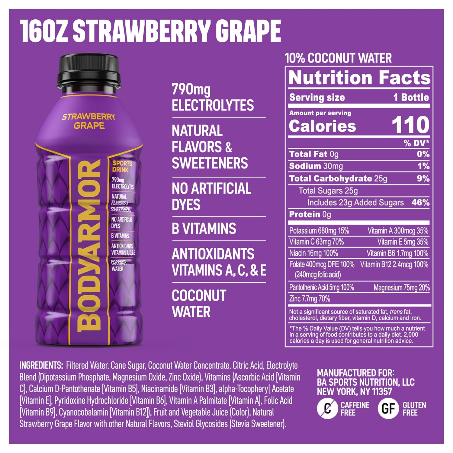 BODYARMOR Sports Drink, Strawberry Grape Electrolyte Drink, 16 Oz (12 Pk)