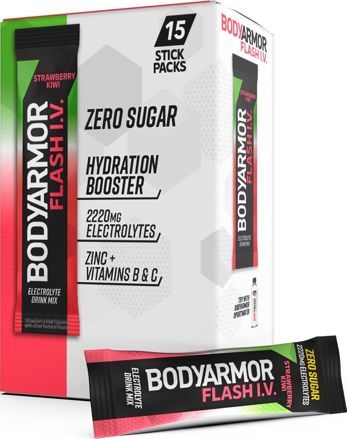 BODYARMOR Flash IV Zero Sugar Electrolyte Mix, Strawberry Kiwi, 15 Ct