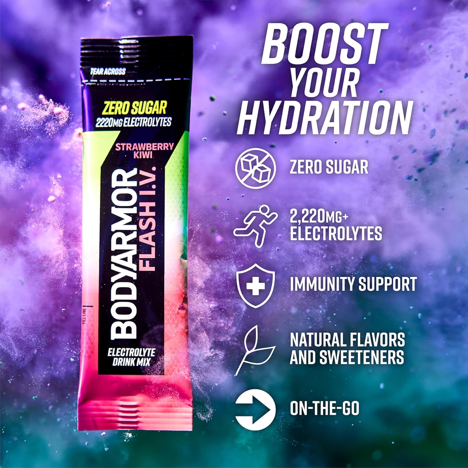 BODYARMOR Flash IV Zero Sugar Electrolyte Mix, Strawberry Kiwi, 15 Ct