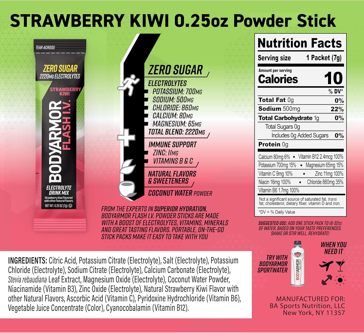 BODYARMOR Flash IV Zero Sugar Electrolyte Mix, Strawberry Kiwi, 15 Ct