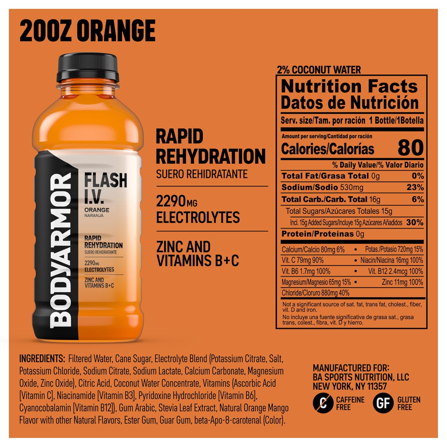 BODYARMOR Flash IV Hydration Drink, Orange, 20 Oz (12 Pk)