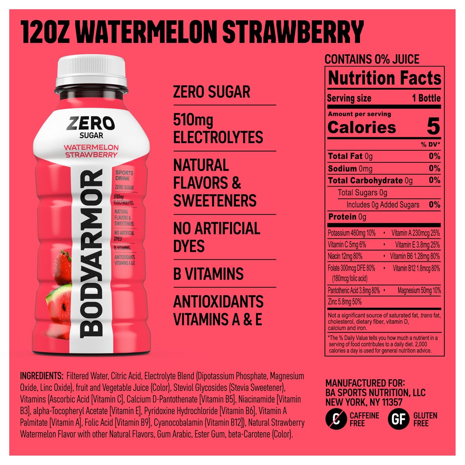 BODYARMOR ZERO Sugar Electrolyte Drink, Watermelon Strawberry, 12 Oz (8 Pk)