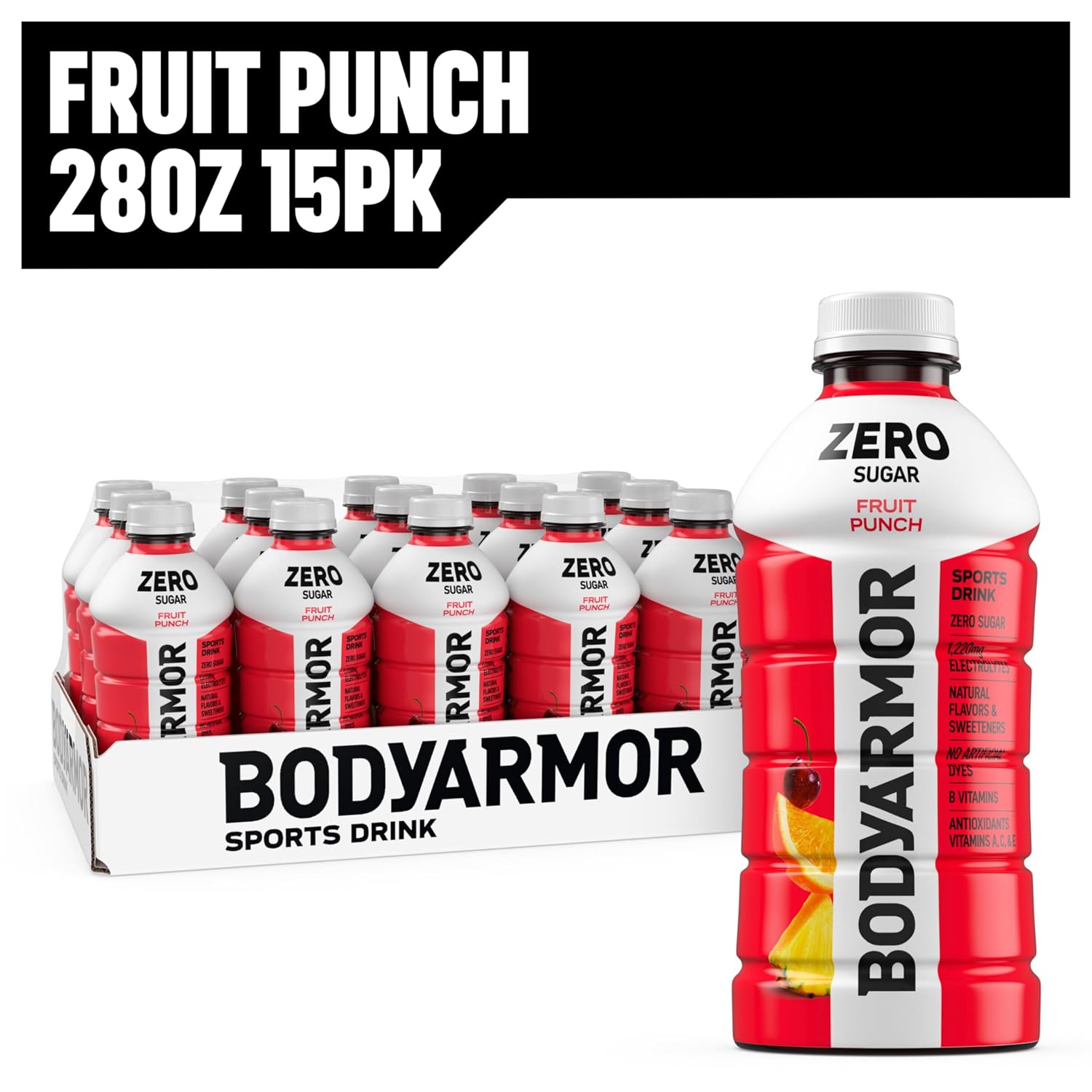 BODYARMOR ZERO Sugar Electrolyte Drink, Fruit Punch, 28 Oz (15 Pk)