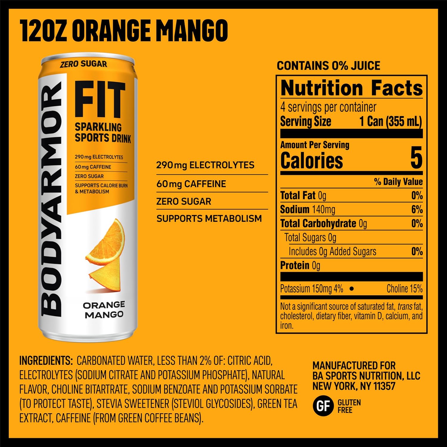BODYARMOR FIT Sparkling Sports Drink, Zero Sugar Orange Mango, 12oz (4pk)