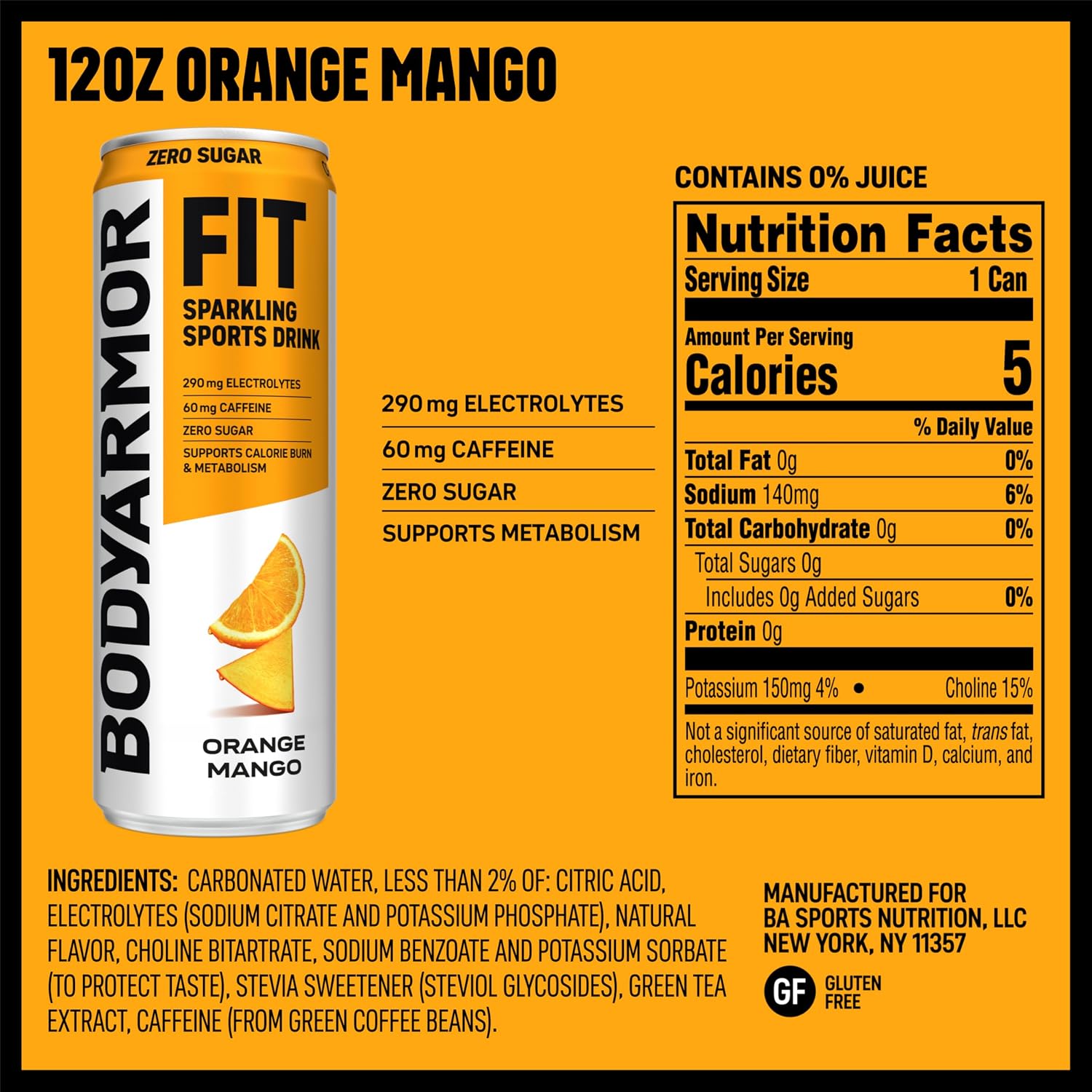 BODYARMOR FIT Sparkling Sports Drink, Zero Sugar Orange Mango, 12oz (12pk)