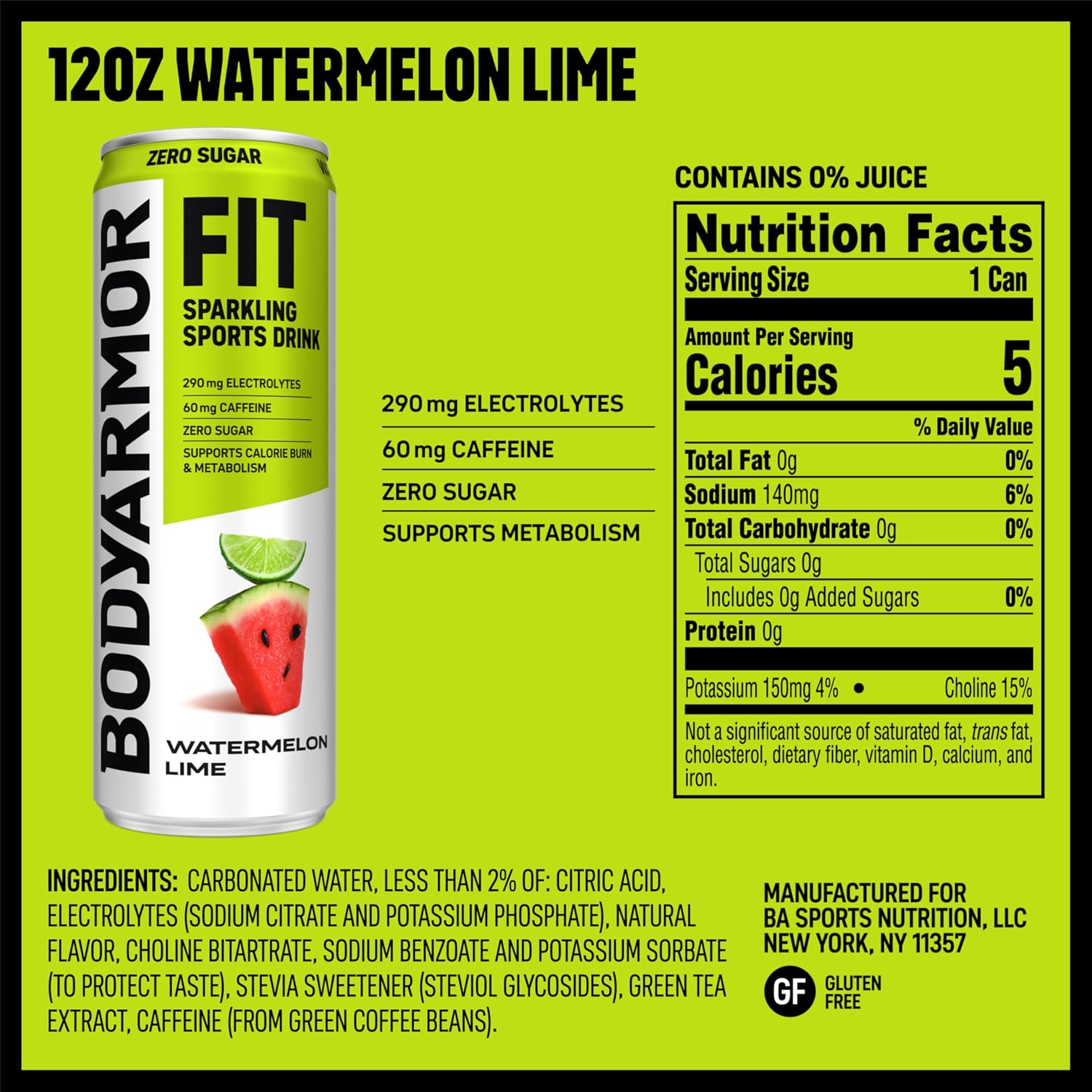 BODYARMOR FIT Sparkling Sports Drink, Zero Sugar Wtrmln Lime, 12oz (12pk)