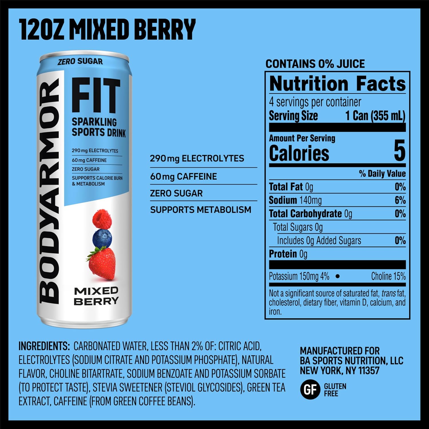 BODYARMOR FIT Sparkling Sports Drink, Zero Sugar Mixed Berry, 12oz (4pk)