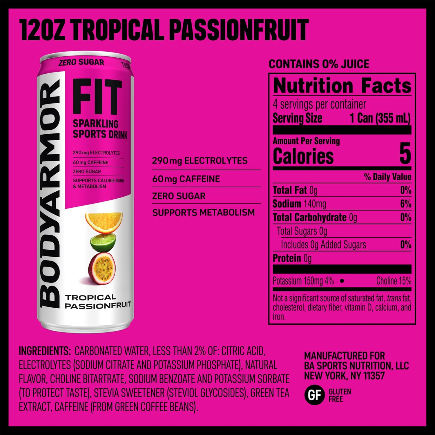 BODYARMOR FIT Sparkling Sports Drink, Zero Sugar Passionfruit, 12oz (4pk)
