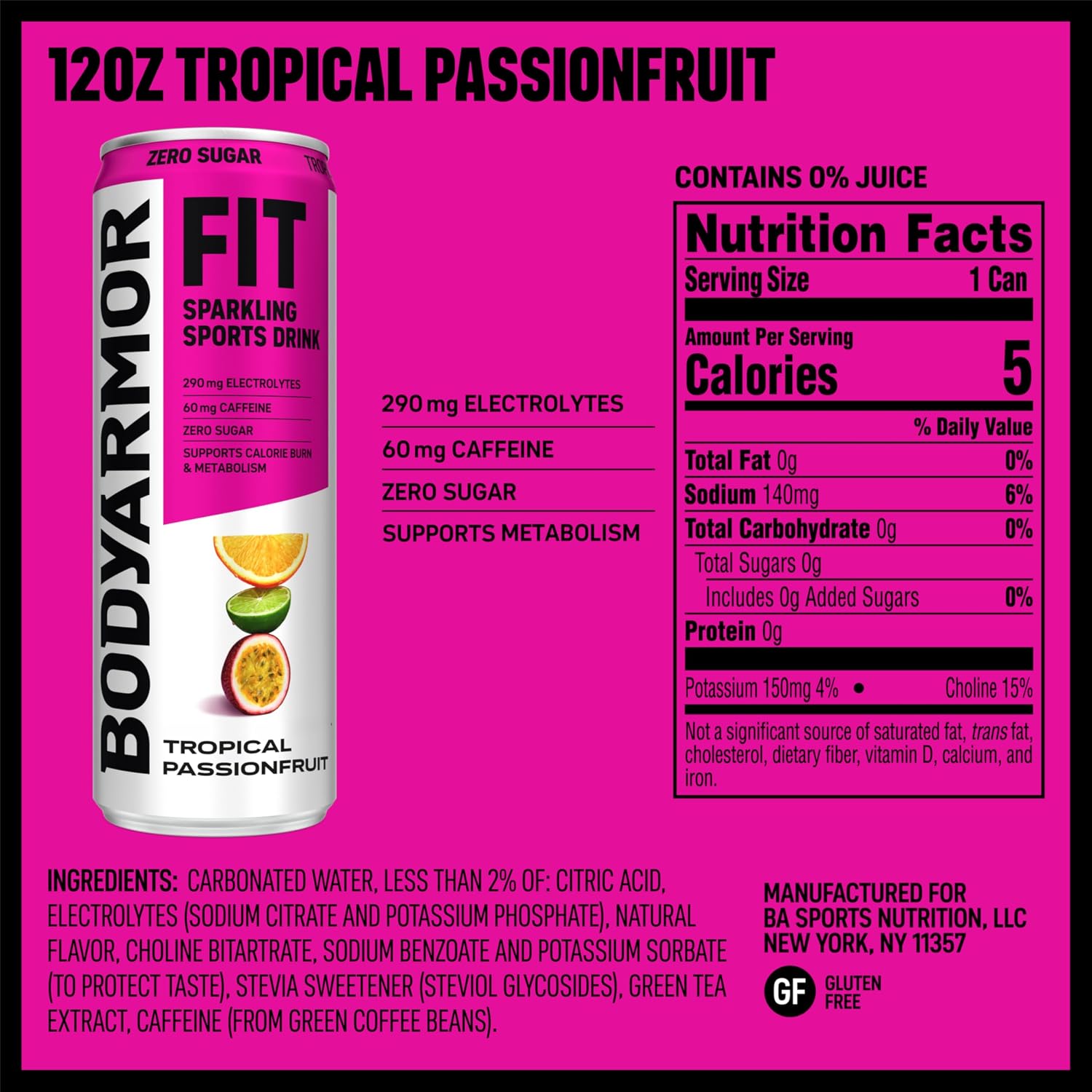 BODYARMOR FIT Sparkling Sports Drink, Zero Sugar Passionfruit, 12oz (12pk)
