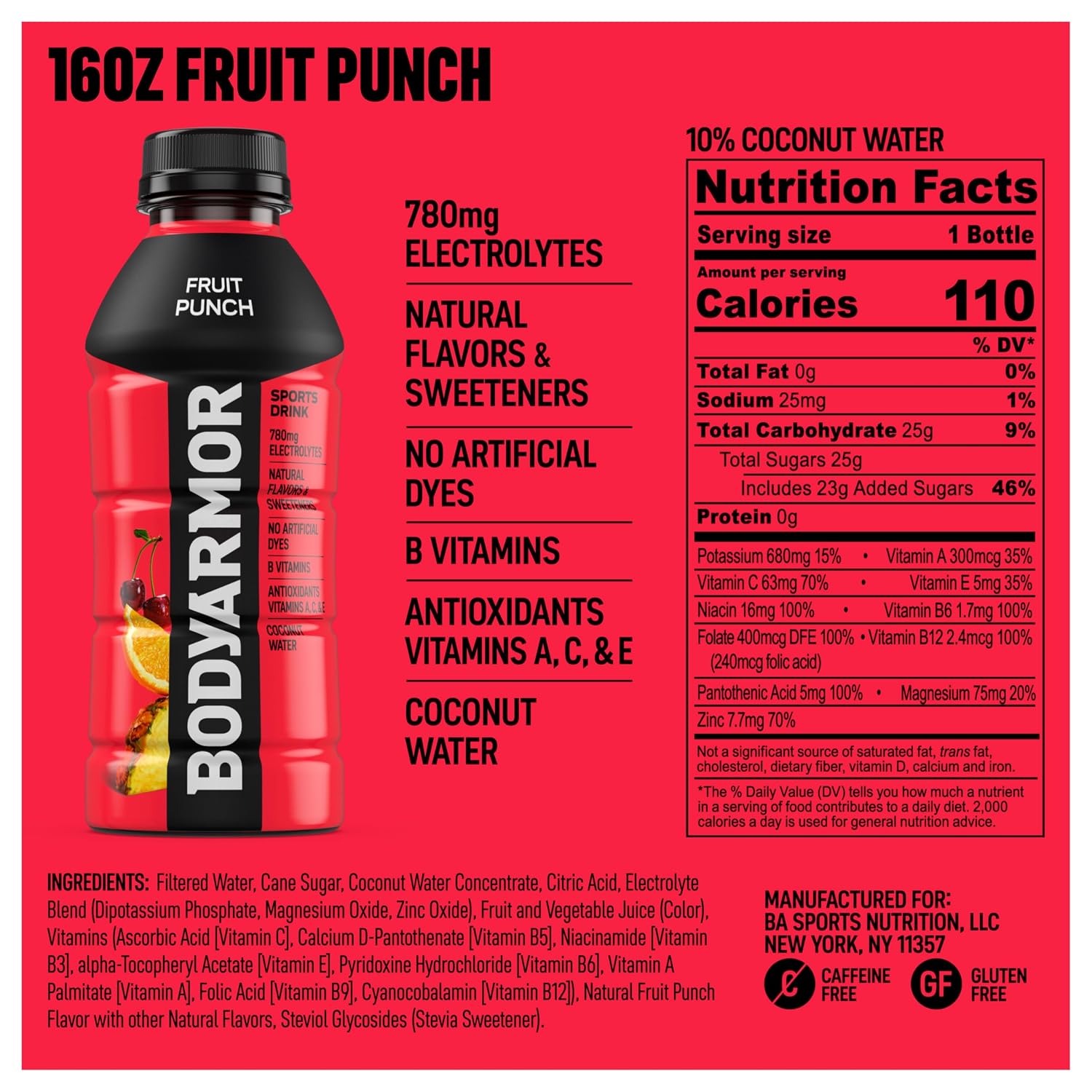 BODYARMOR Sports Drink, Fruit Punch Electrolyte Drink, 16 Oz (6 Pk)