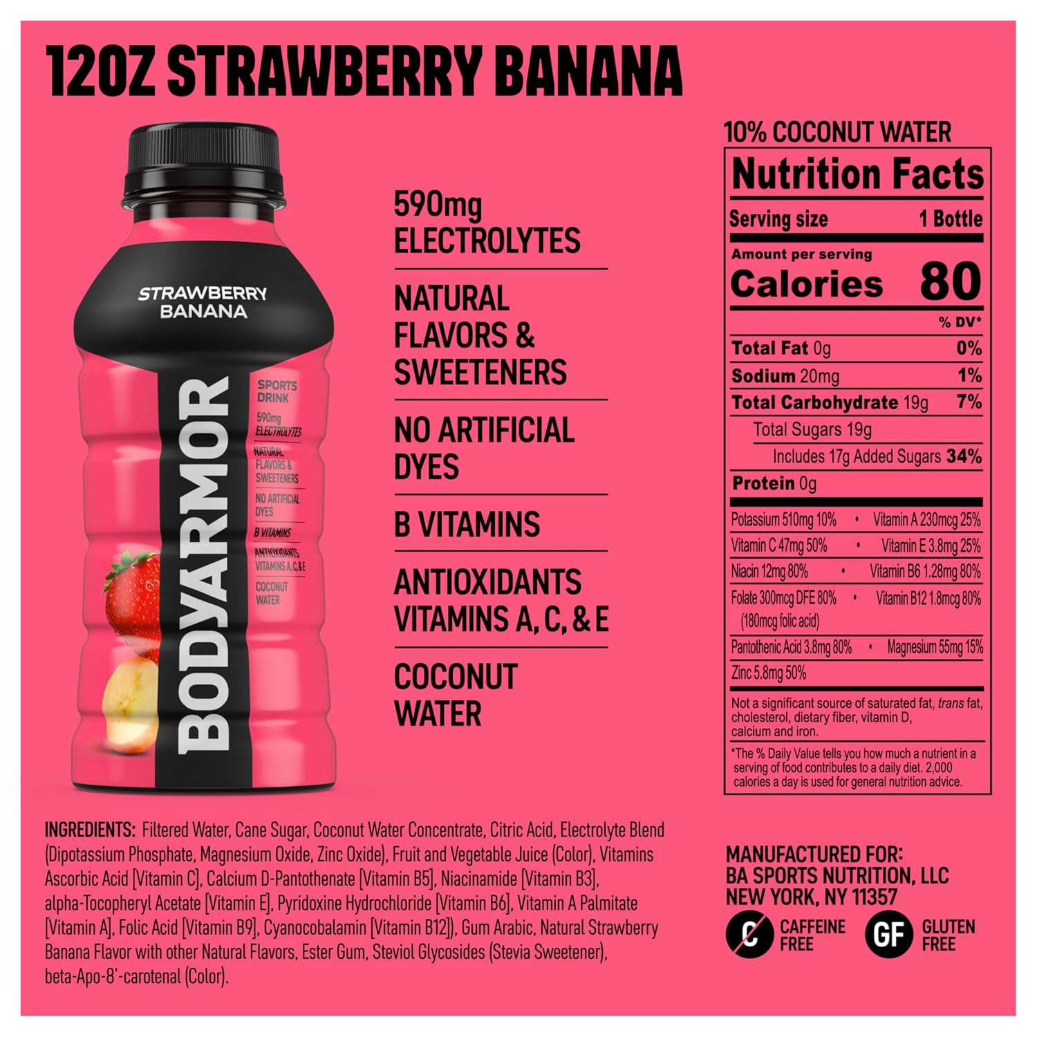 BODYARMOR Sports Drink, Strawberry Banana Electrolyte Drink, 12 Oz (8 Pk)