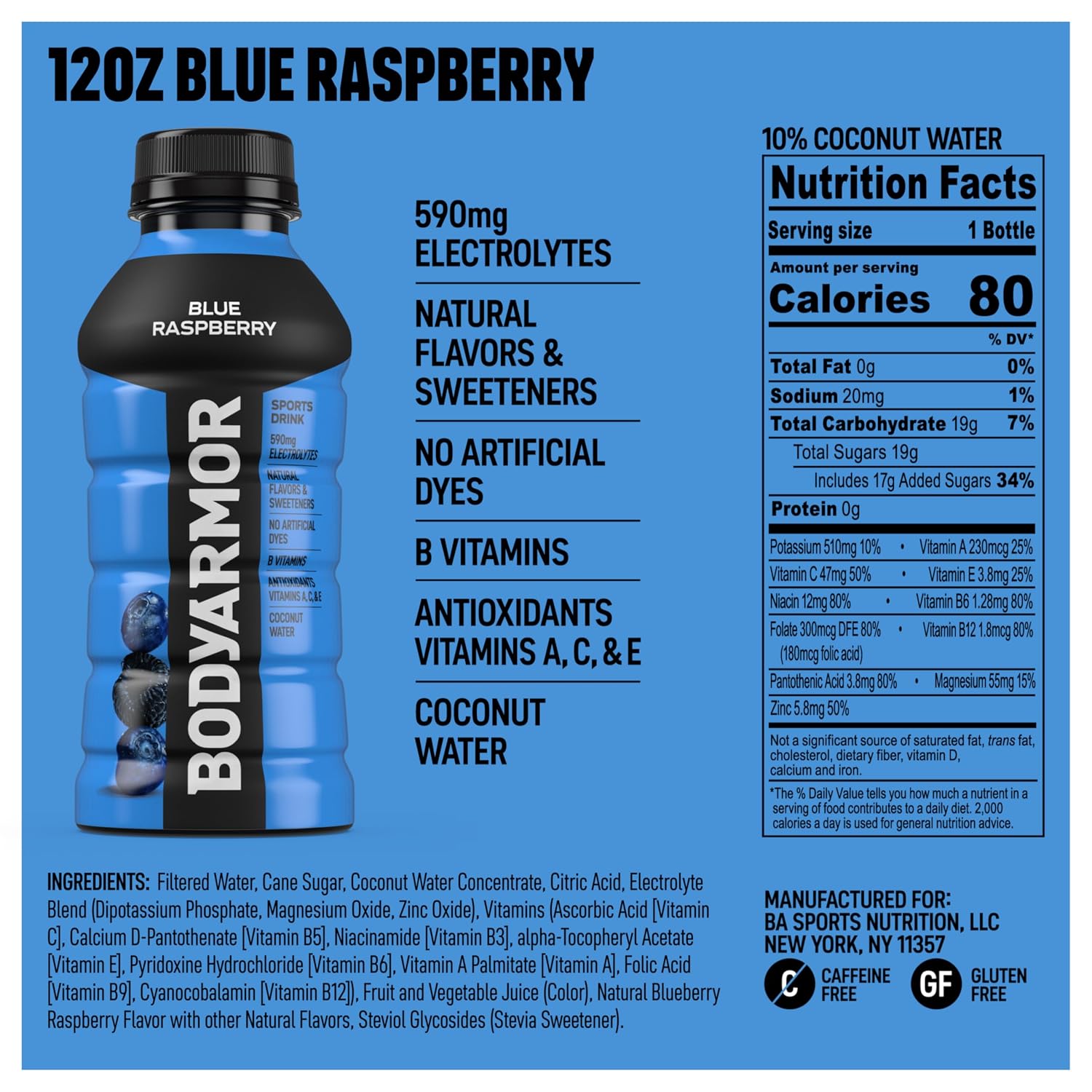 BODYARMOR Sports Drink, Blue Raspberry Electrolyte Drink, 12 Oz (8 Pk)