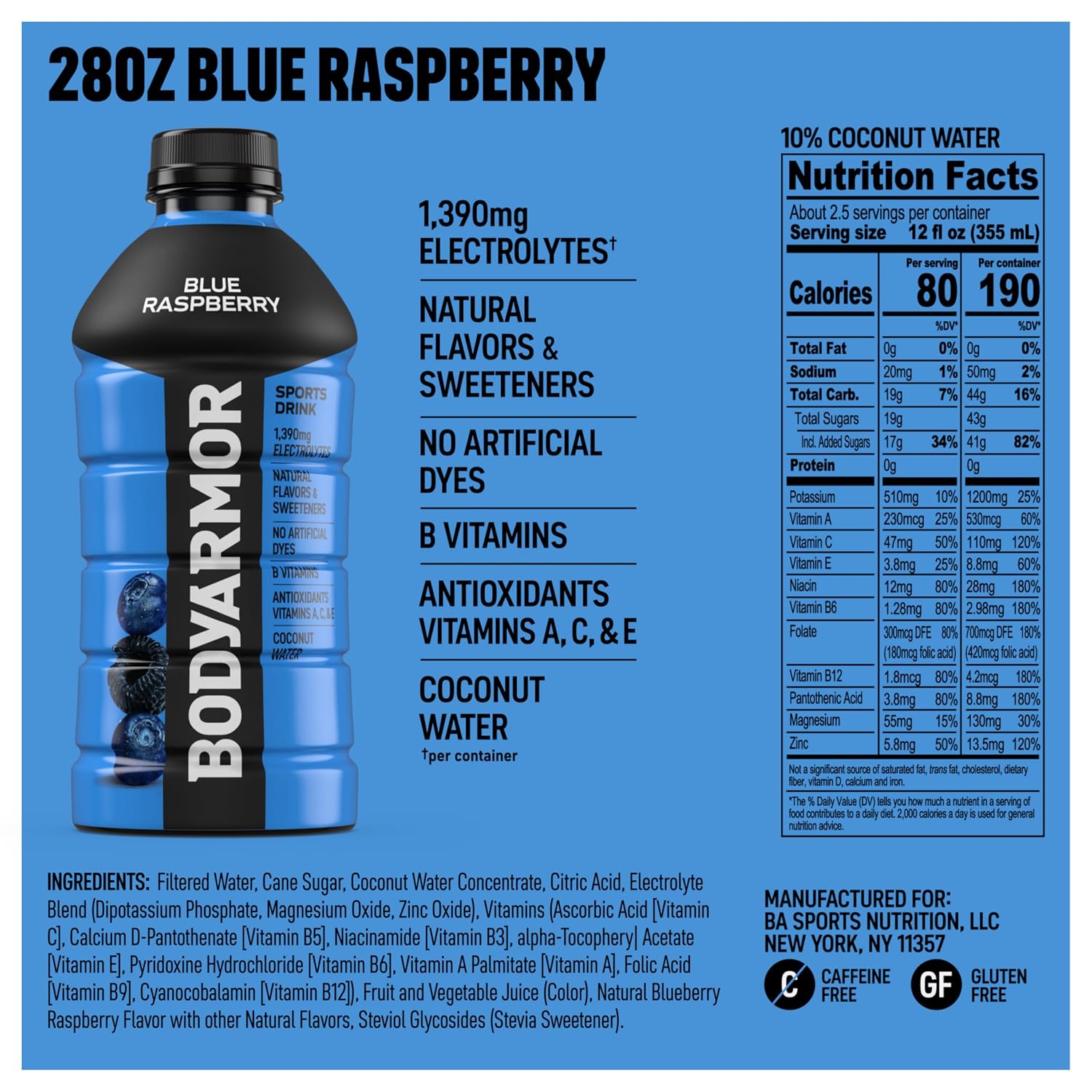 BODYARMOR Sports Drink, Blue Raspberry Electrolyte Drink, 28 Oz (15 Pk)