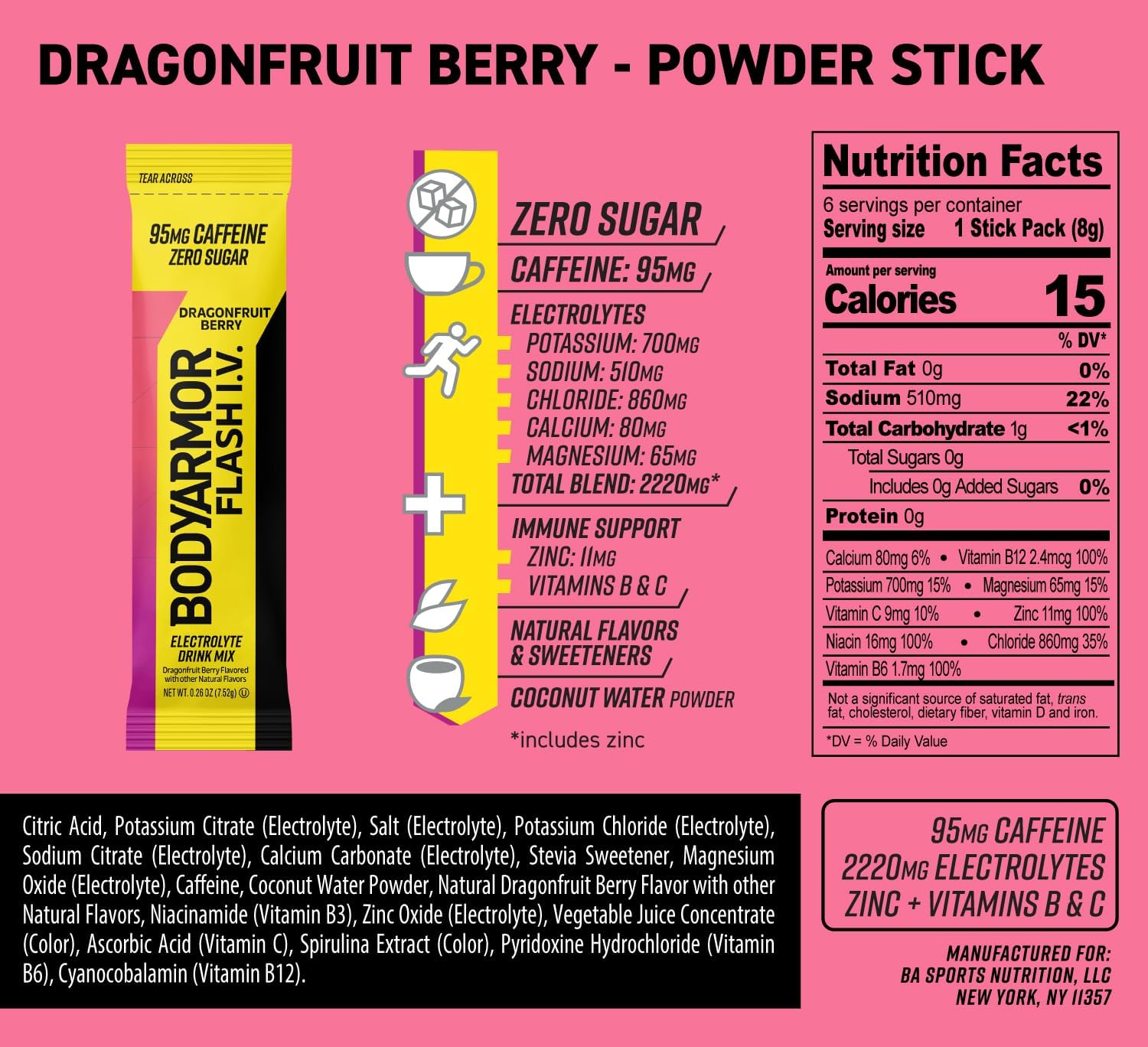 BODYARMOR Flash IV Caffeine + Zero Sugar Electrolyte Mix, Dragonfruit, 6 Ct