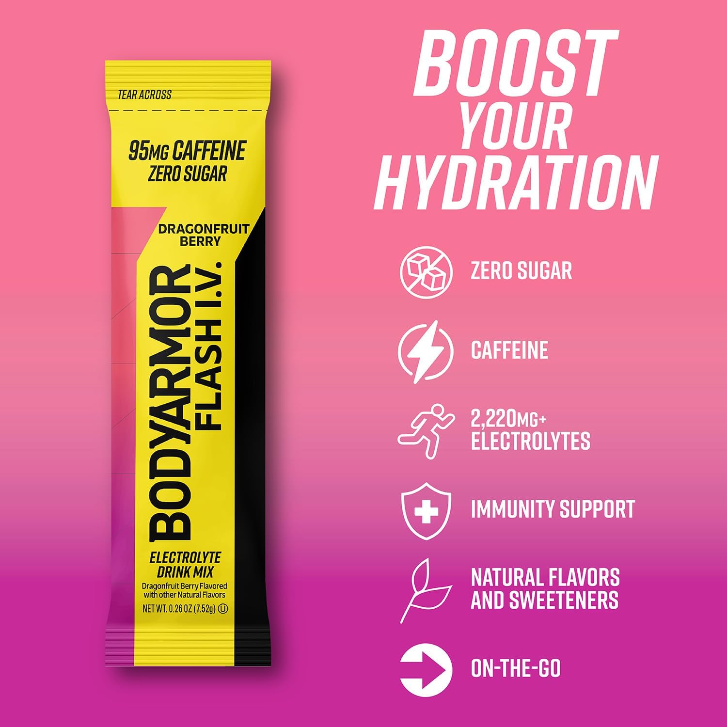 BODYARMOR Flash IV Caffeine + Zero Sugar Electrolyte Mix, Dragonfruit, 6 Ct