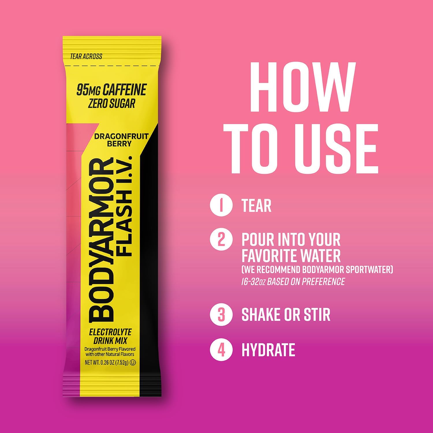 BODYARMOR Flash IV Caffeine + Zero Sugar Electrolyte Mix, Dragonfruit, 6 Ct