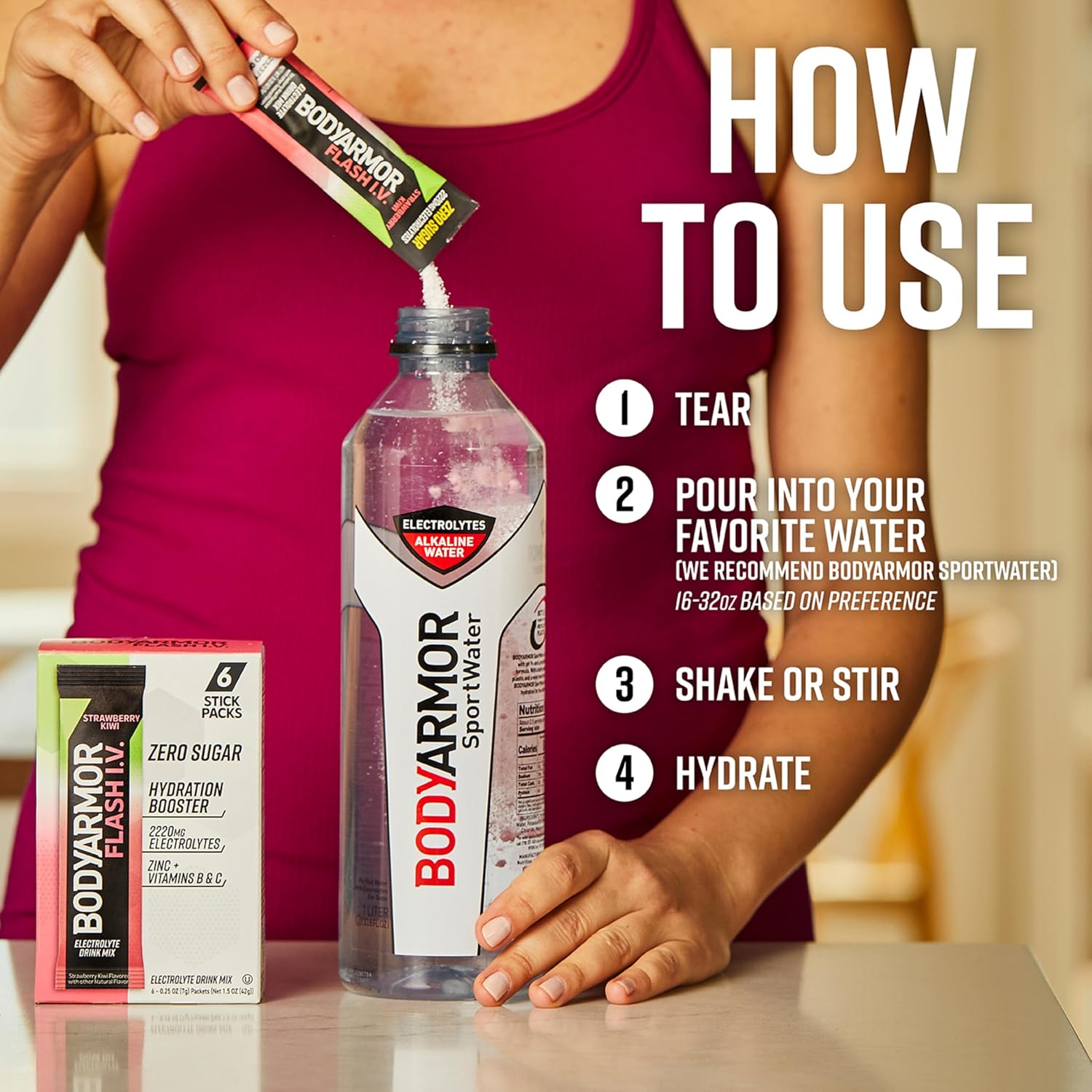 BODYARMOR Flash IV Zero Sugar Electrolyte Mix, Strawberry Kiwi, 6 Ct