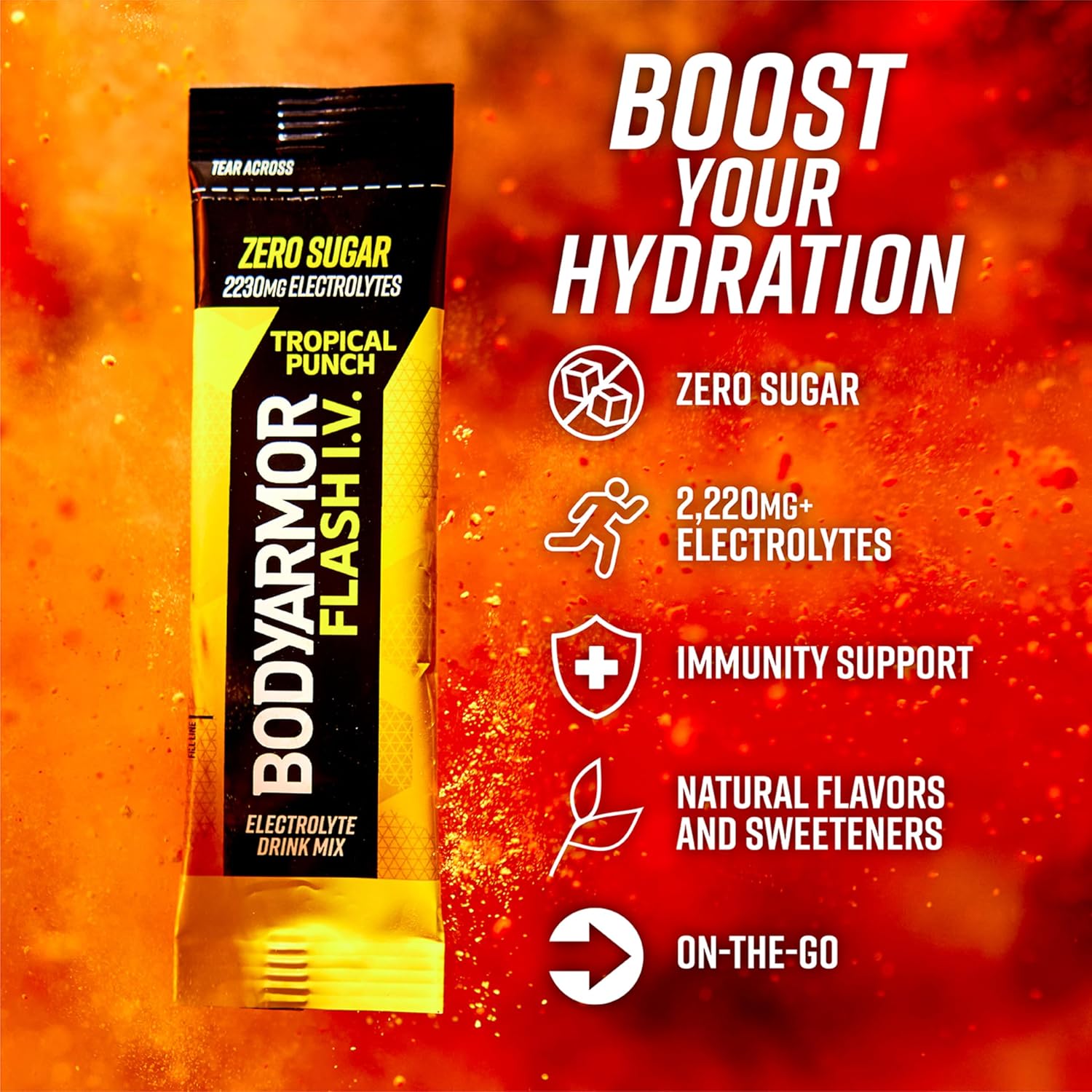 BODYARMOR Flash IV Zero Sugar Electrolyte Mix, Tropical Punch, 15 Ct