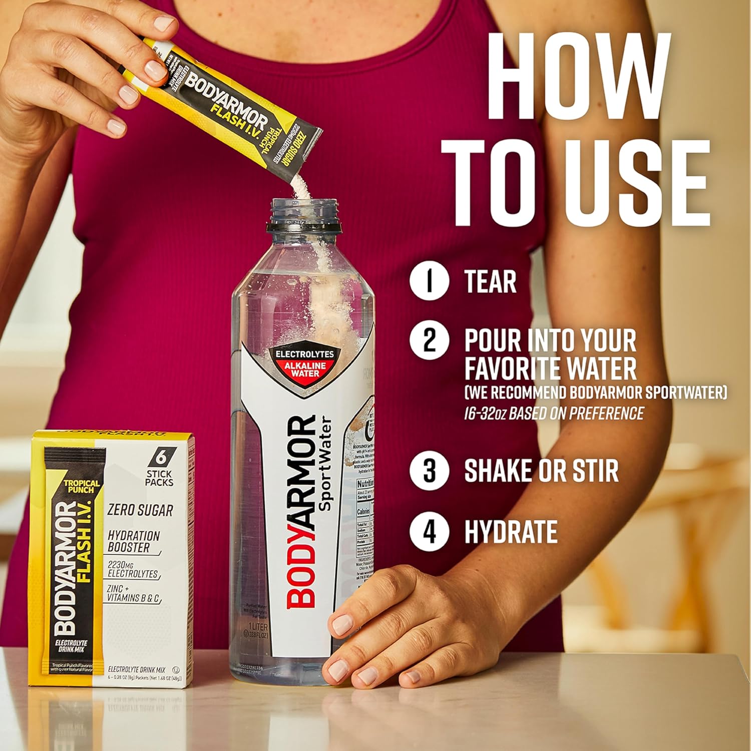 BODYARMOR Flash IV Zero Sugar Electrolyte Mix, Tropical Punch, 15 Ct