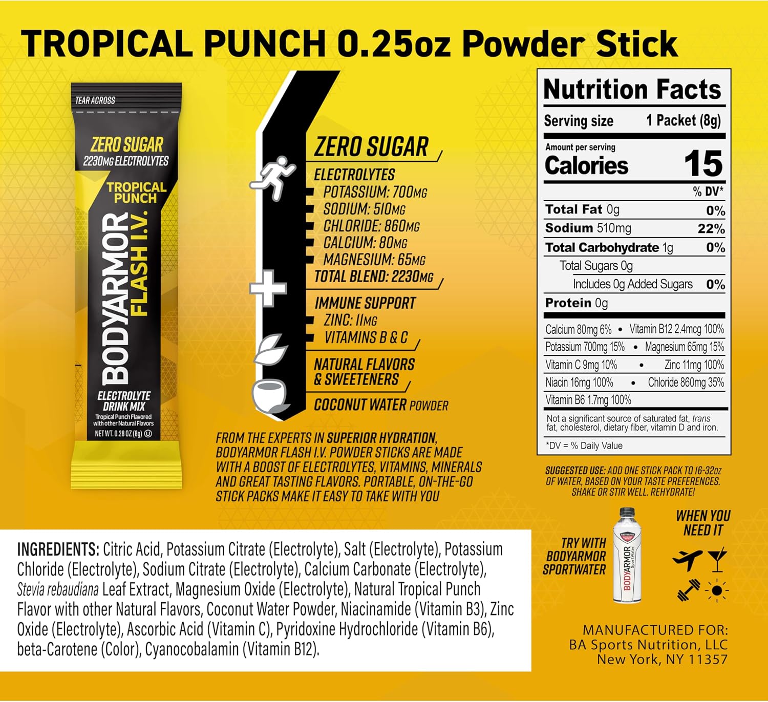 BODYARMOR Flash IV Zero Sugar Electrolyte Mix, Tropical Punch, 15 Ct