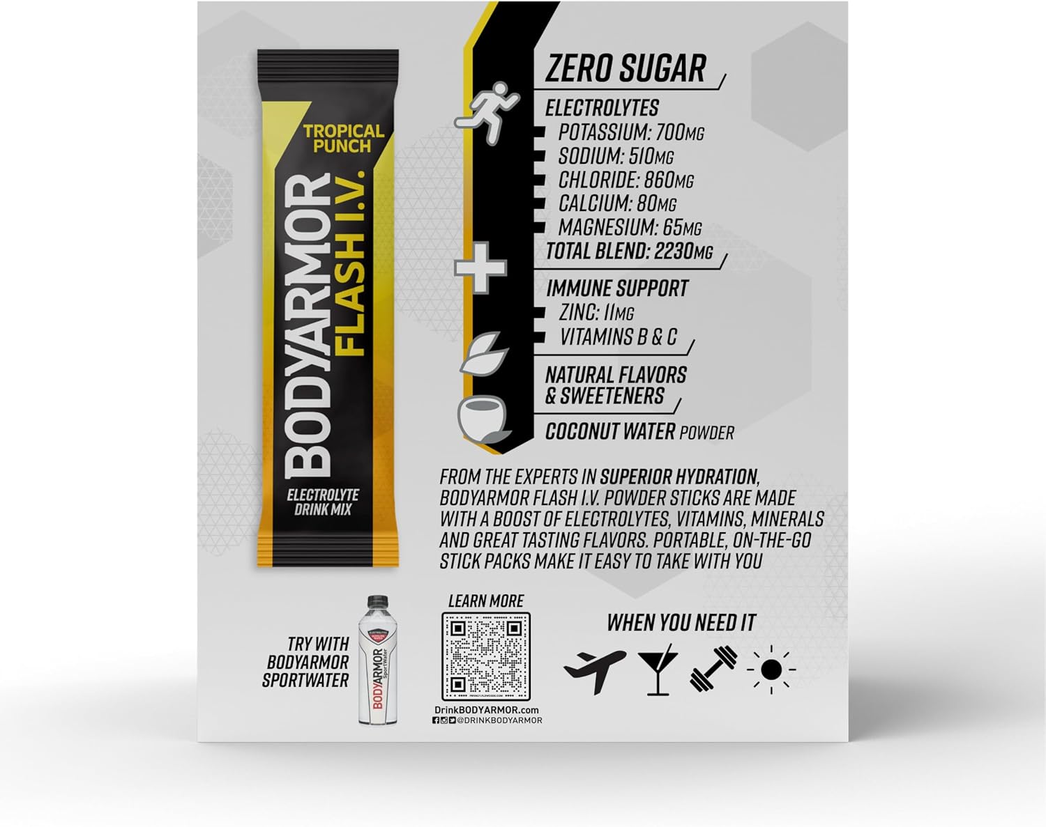 BODYARMOR Flash IV Zero Sugar Electrolyte Mix, Tropical Punch, 15 Ct