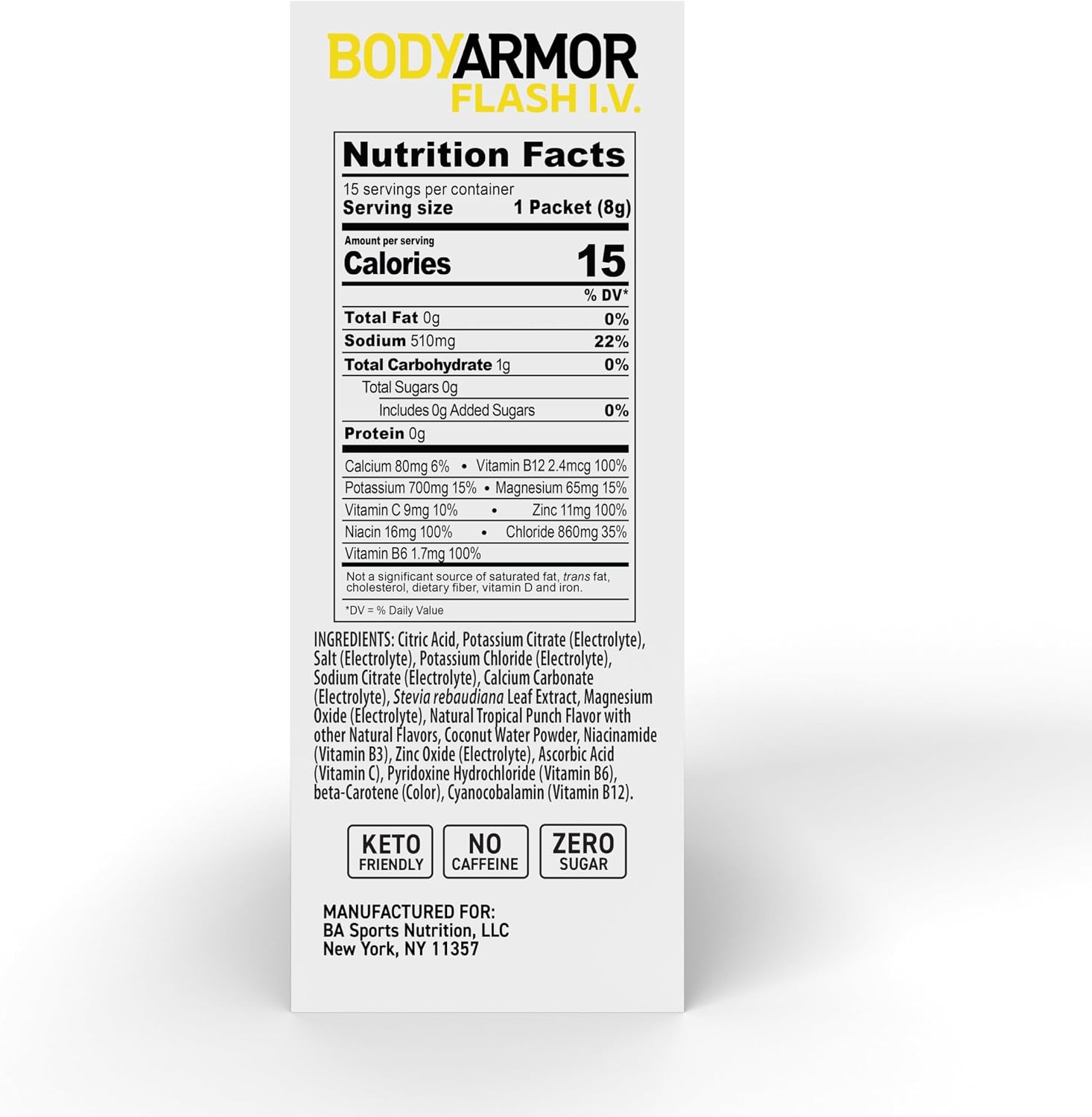 BODYARMOR Flash IV Zero Sugar Electrolyte Mix, Tropical Punch, 15 Ct