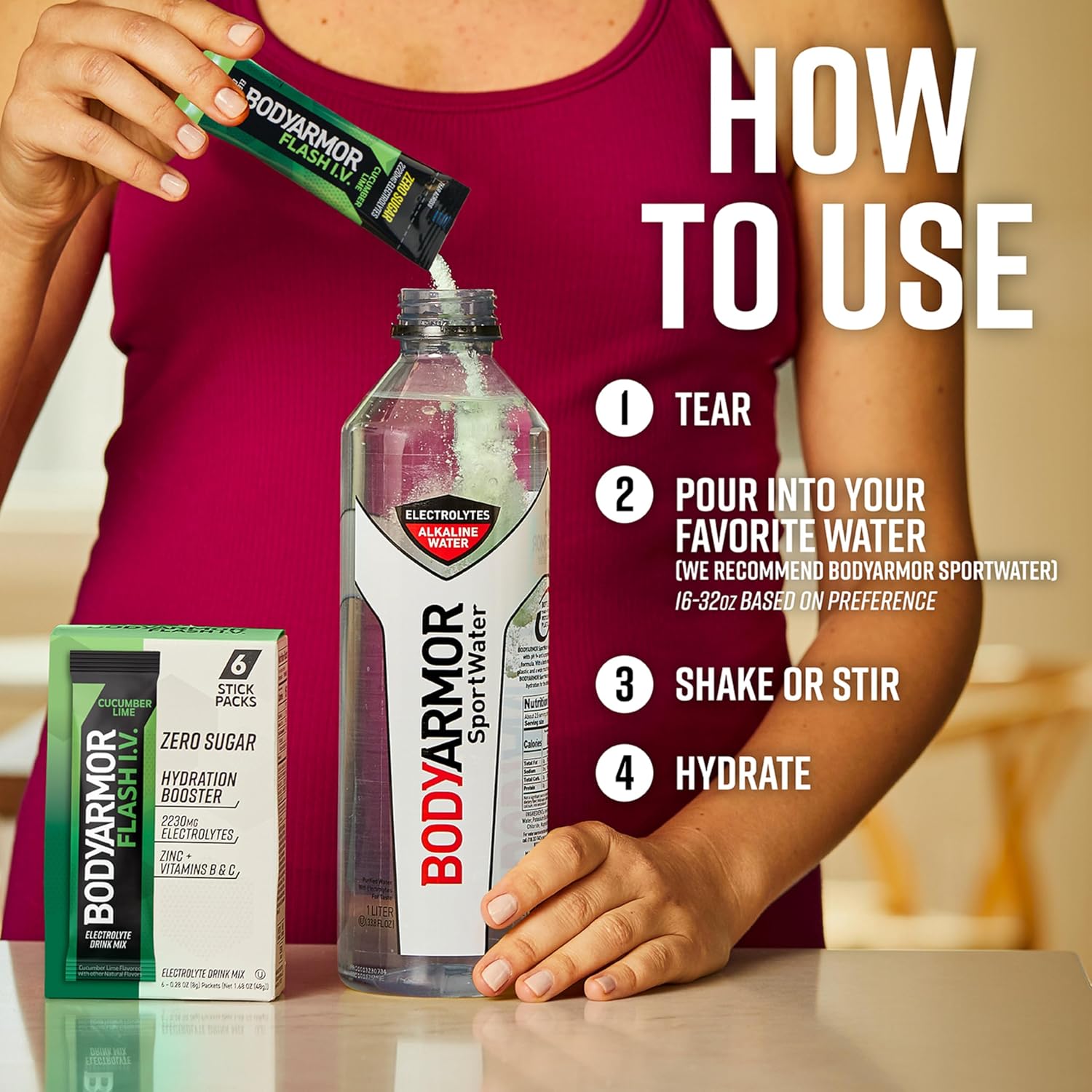 BODYARMOR Flash IV Zero Sugar Electrolyte Mix, Cucumber Lime, 6 Ct