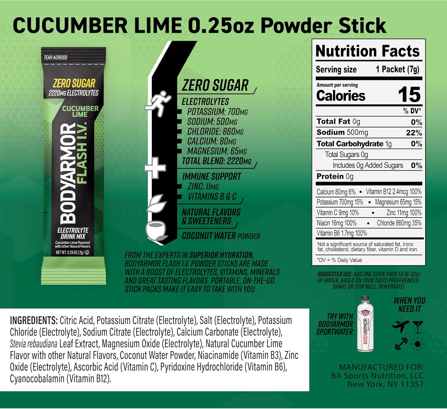 BODYARMOR Flash IV Zero Sugar Electrolyte Mix, Cucumber Lime, 6 Ct